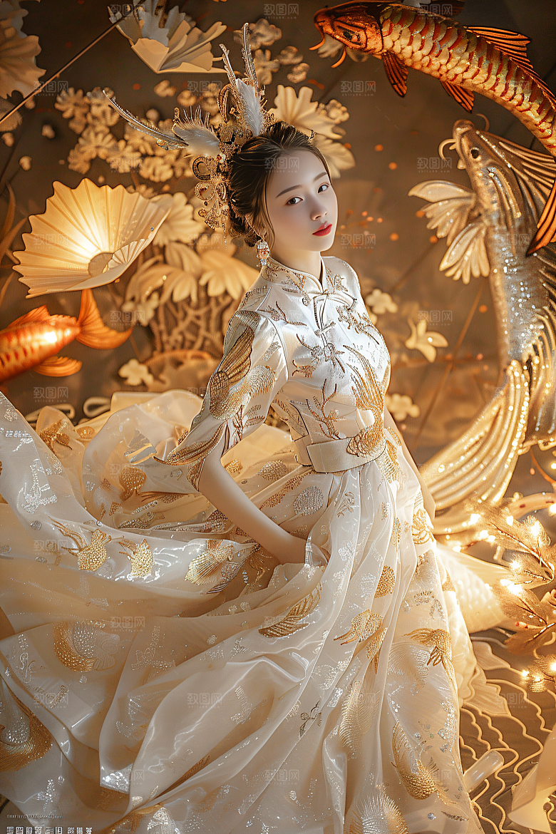 锦鲤汉服美女古风人像素材