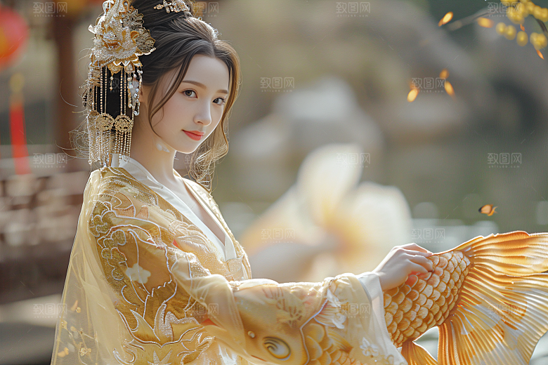锦鲤汉服美女吉祥精致素材