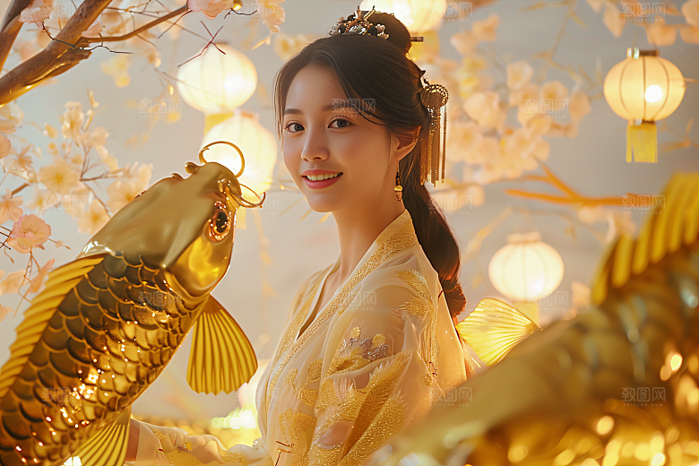 锦鲤汉服美女高清精致素材