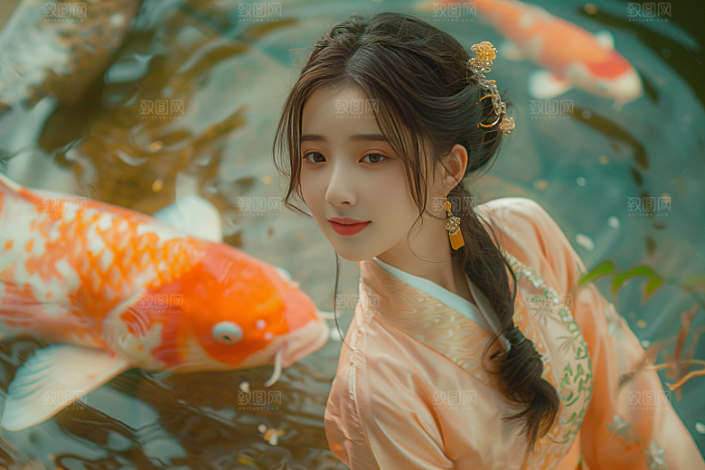 锦鲤汉服美女古风唯美素材