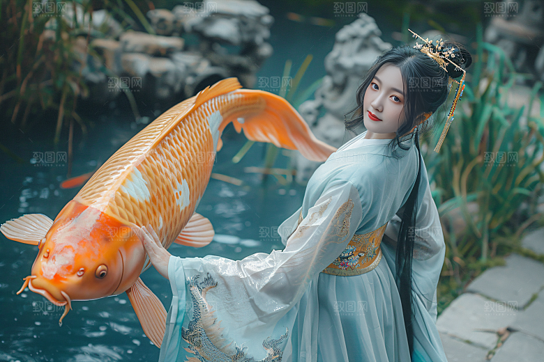 锦鲤汉服美女中国风金鱼素材