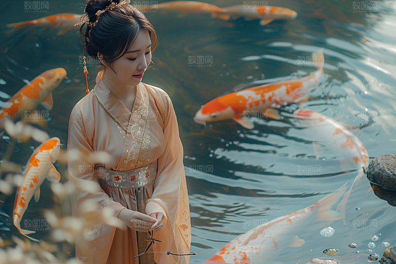 锦鲤汉服美女吉祥古风素材