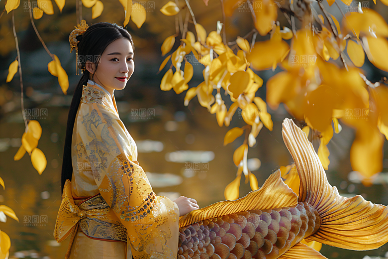 锦鲤汉服美女中国风精致素材