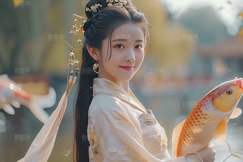 锦鲤汉服美女古风金鱼素材