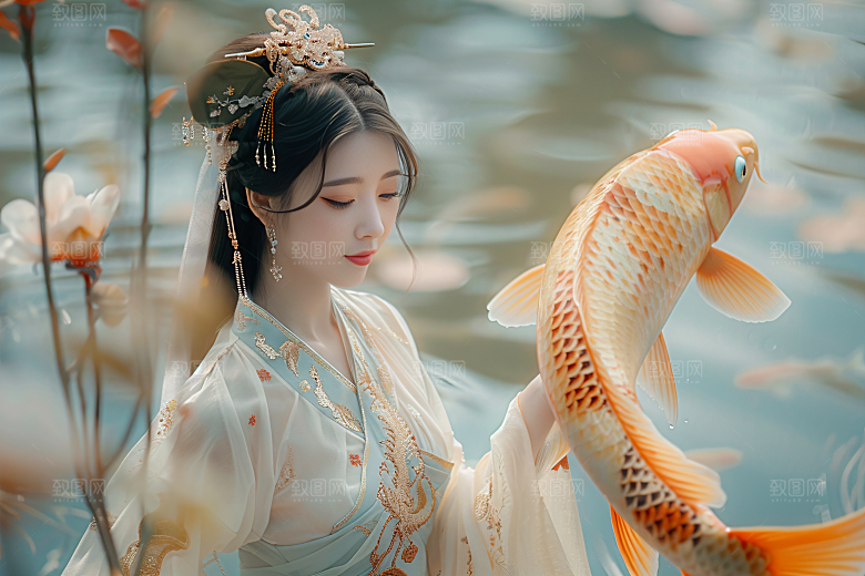 锦鲤汉服美女精致吉祥素材