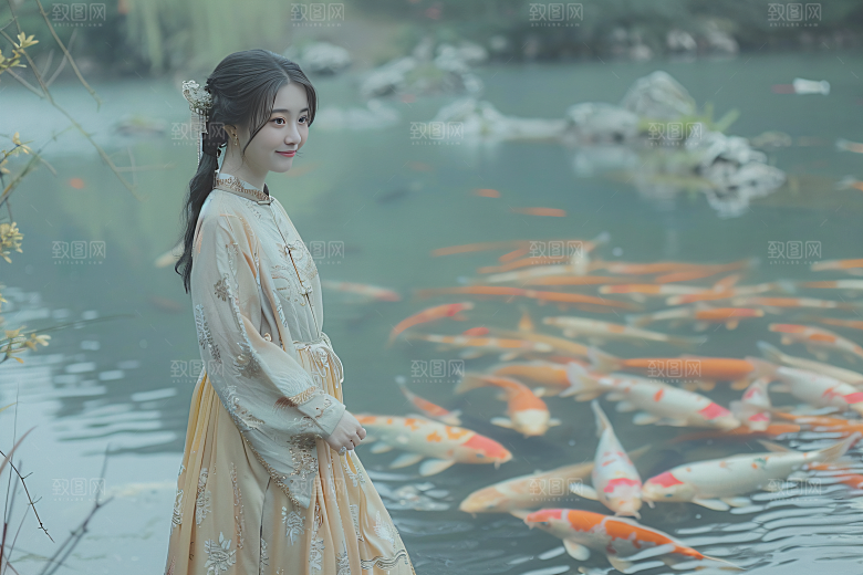 锦鲤汉服美女中国风精致素材