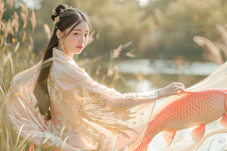 锦鲤汉服美女高清肖像素材