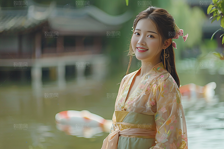 锦鲤汉服美女传统古风素材
