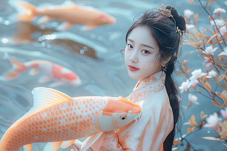 锦鲤汉服美女古风精致素材