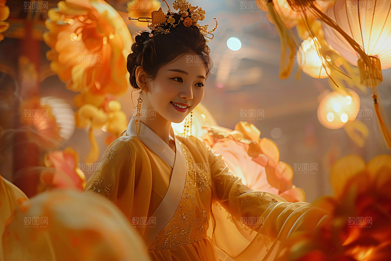 锦鲤汉服美女唯美肖像素材