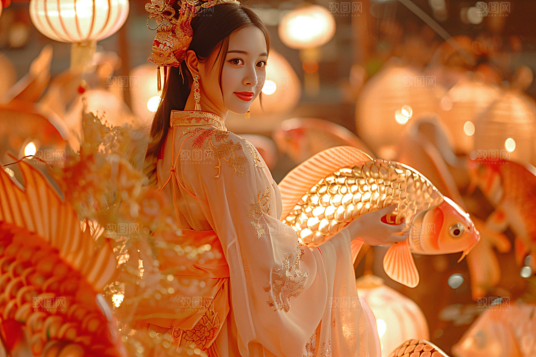 锦鲤汉服美女古风精致素材