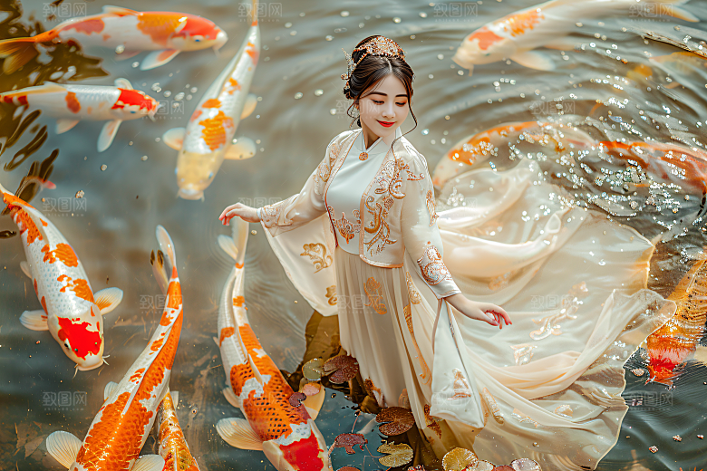 锦鲤汉服美女吉祥古风素材