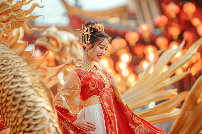 锦鲤汉服美女金鱼古风素材