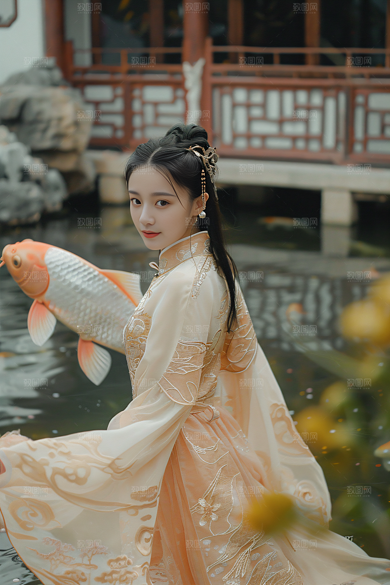 锦鲤汉服美女肖像古风素材