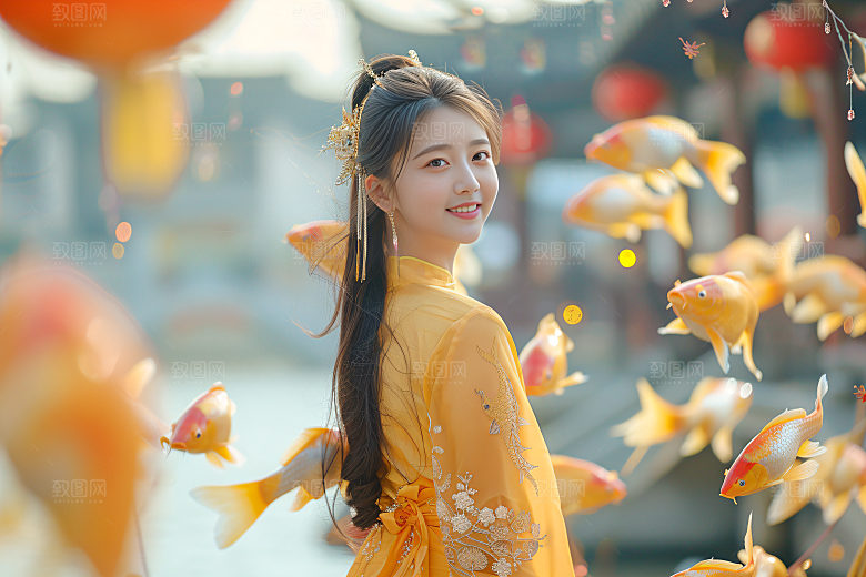 锦鲤汉服美女高清传统素材