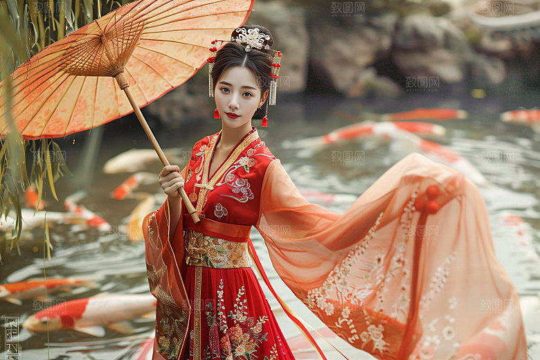 锦鲤汉服美女肖像古风素材