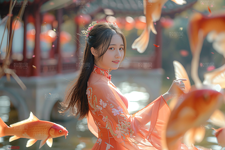 锦鲤汉服美女人像中国风素材