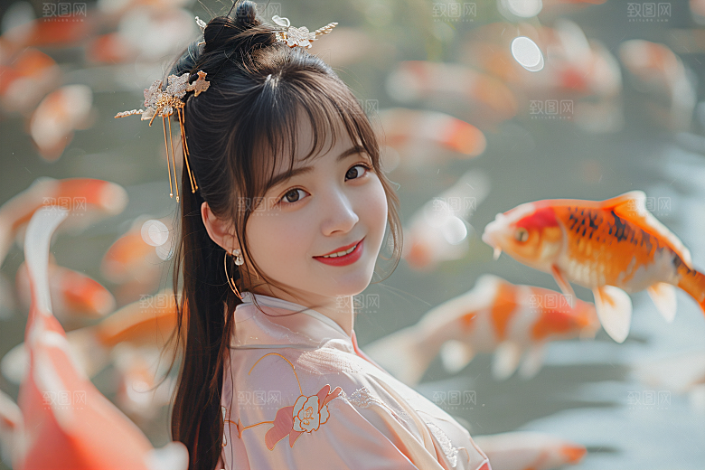 锦鲤汉服美女金鱼优雅素材