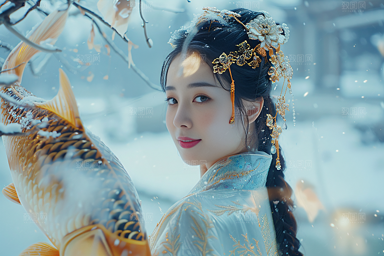 锦鲤汉服美女优雅传统素材