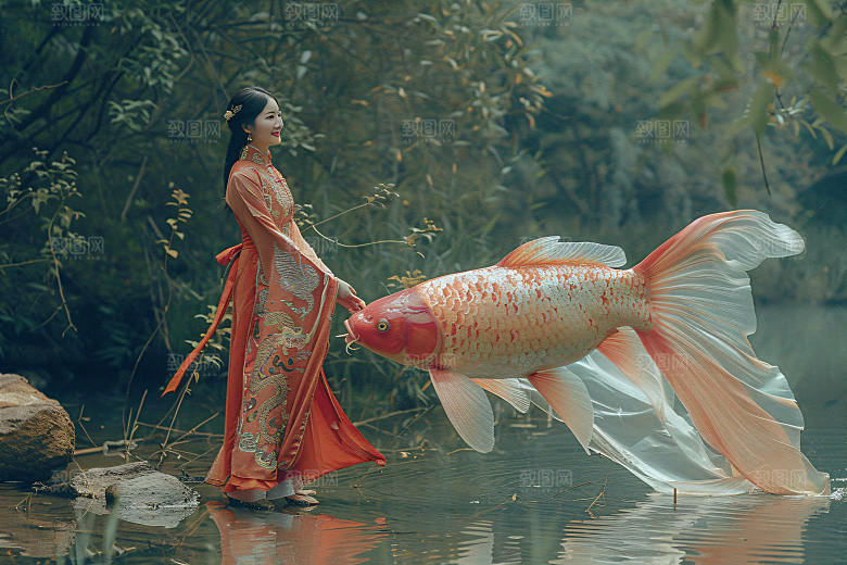 锦鲤汉服美女高清精致素材