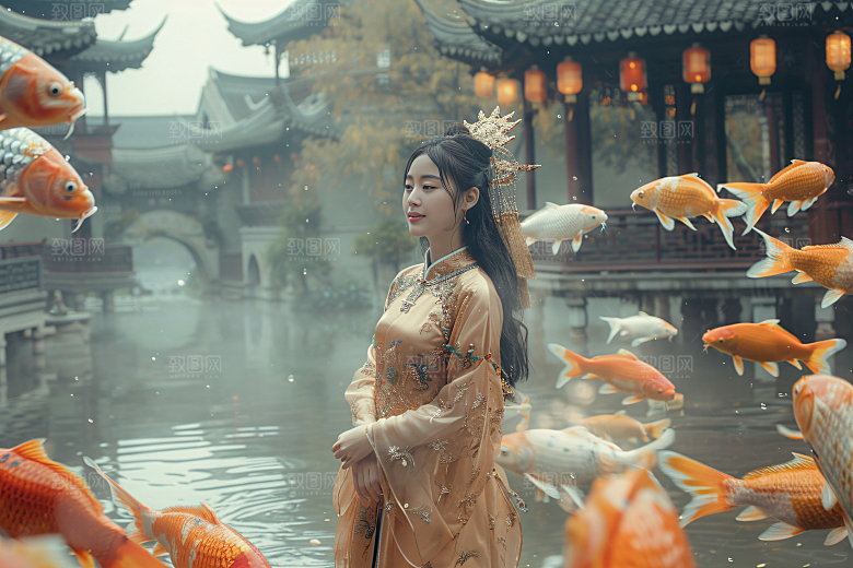 锦鲤汉服美女传统优雅素材