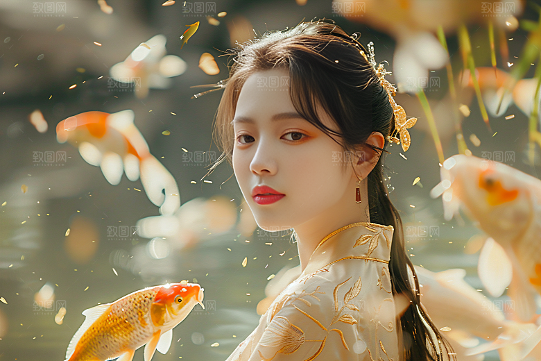 锦鲤汉服美女精致古风素材