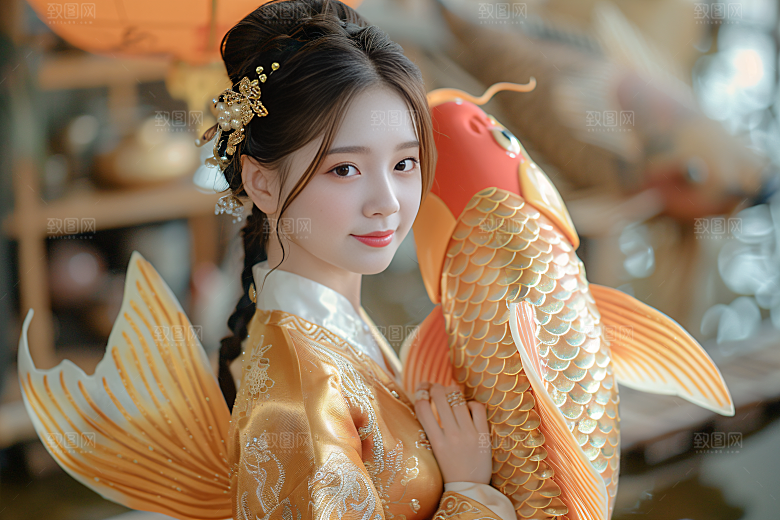 锦鲤汉服美女金鱼精致素材