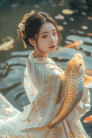 锦鲤汉服美女传统吉祥素材