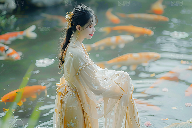 锦鲤汉服美女精致肖像素材