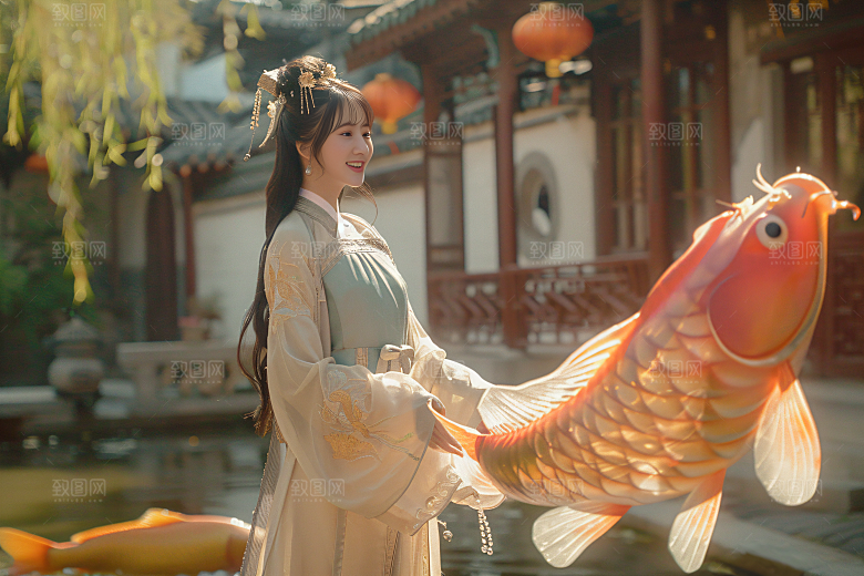 锦鲤汉服美女唯美精致素材
