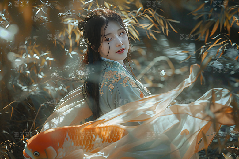 锦鲤汉服美女古风优雅素材