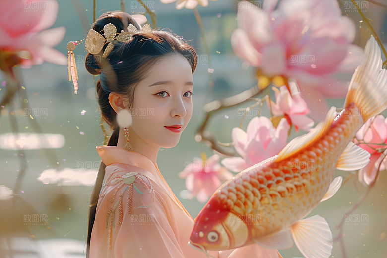 锦鲤汉服美女吉祥肖像素材