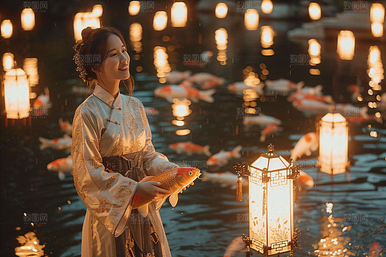 锦鲤汉服美女优雅唯美素材