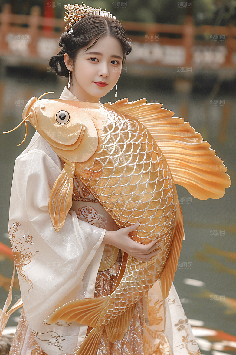 锦鲤汉服美女优雅古风素材