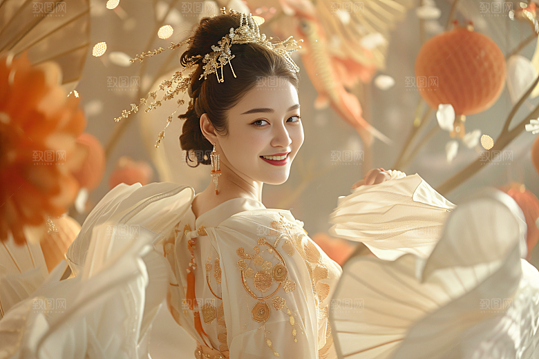 锦鲤汉服美女唯美吉祥素材