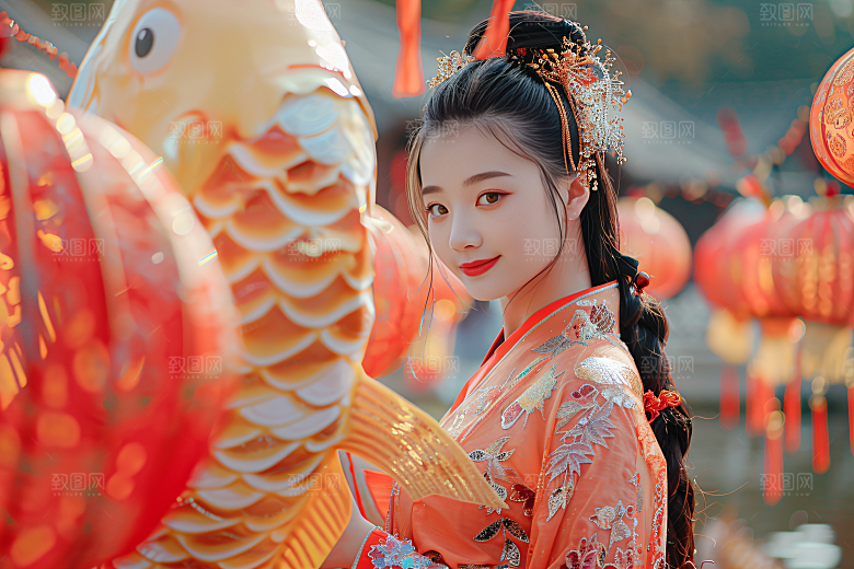 锦鲤汉服美女高清优雅素材