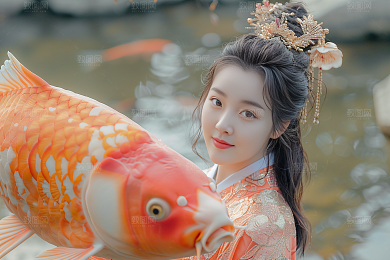 锦鲤汉服美女古风唯美素材