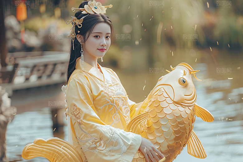 锦鲤汉服美女高清肖像素材