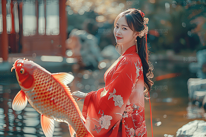 锦鲤汉服美女优雅人像素材