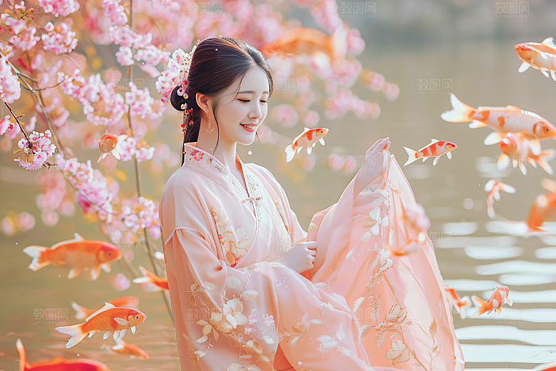 锦鲤汉服美女高清金鱼素材