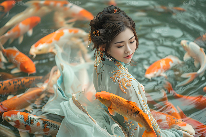 锦鲤汉服美女唯美精致素材