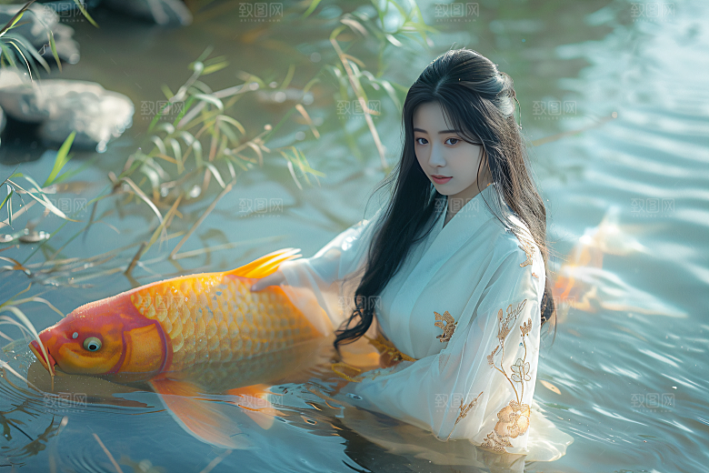 锦鲤汉服美女金鱼古风素材