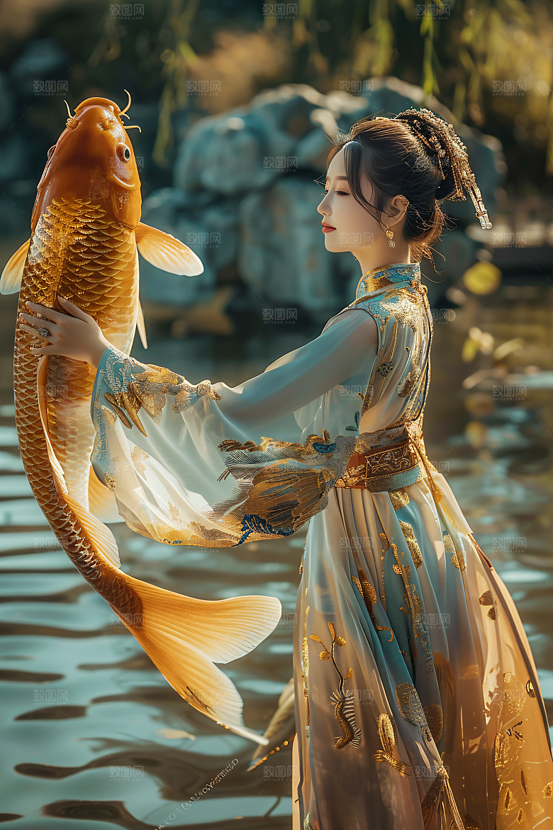 锦鲤汉服美女精致传统素材
