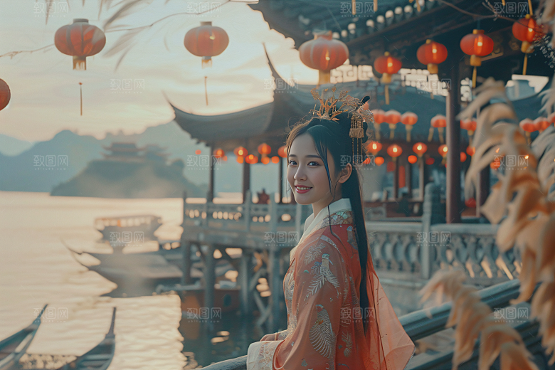 锦鲤汉服美女传统古风素材