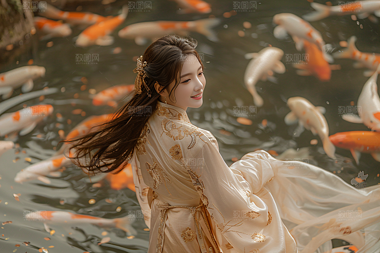 锦鲤汉服美女古风传统素材