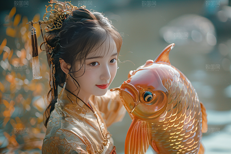 锦鲤汉服美女精致肖像素材