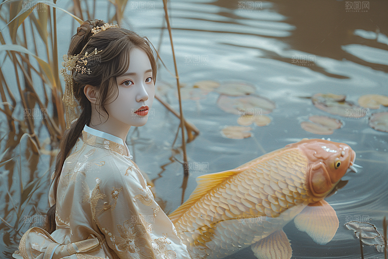 锦鲤汉服美女吉祥唯美素材