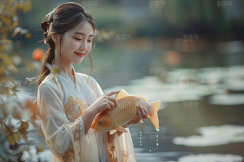锦鲤汉服美女中国风高清素材