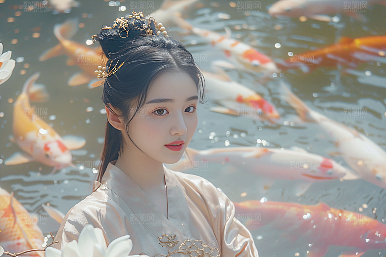 锦鲤汉服美女中国风传统素材