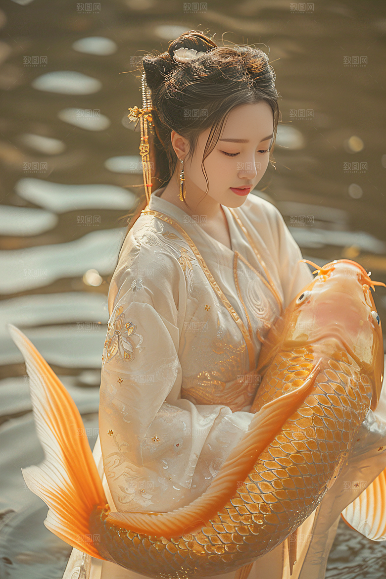 锦鲤汉服美女吉祥中国风素材
